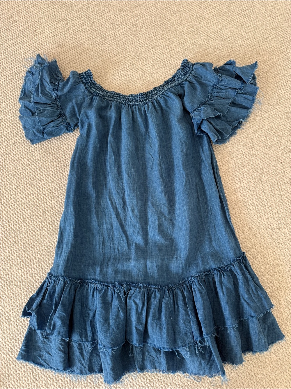 Rails Women’s Blue Chambray Ruffle off the Shoulder Dress